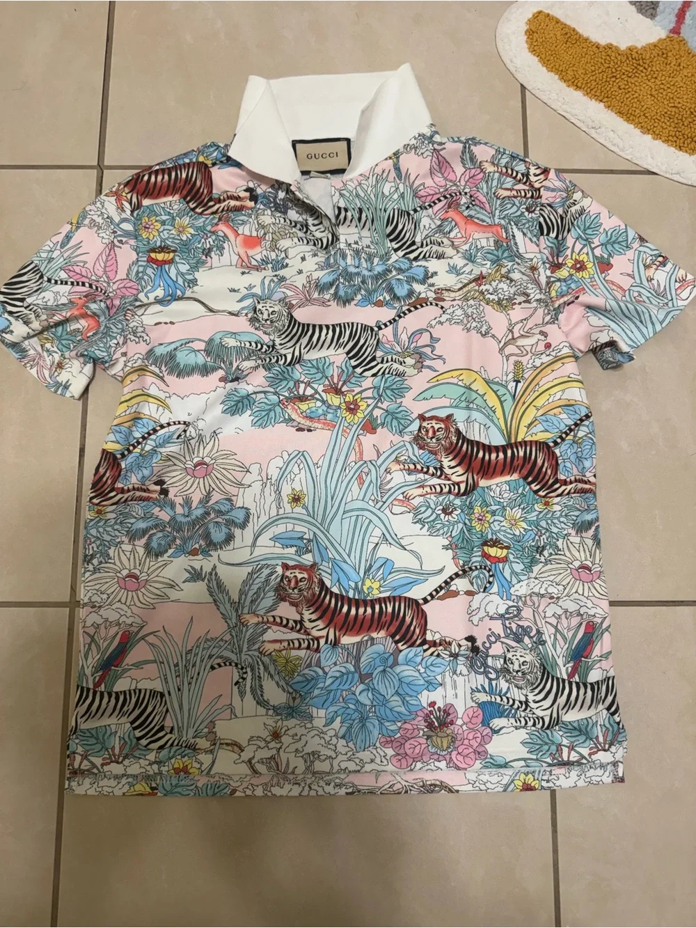 Gucci White Polo with Pink & Blue Jungle Animal Print